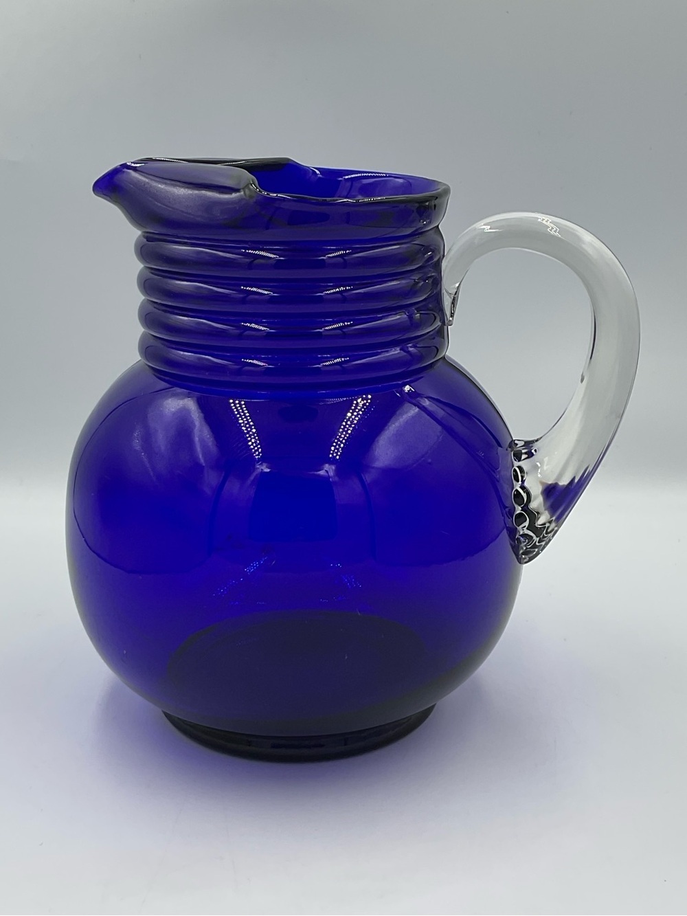 Vintage Weston Cobalt Blue Glass Ball Jug Pitcher with Applied Handle & Ice Lip